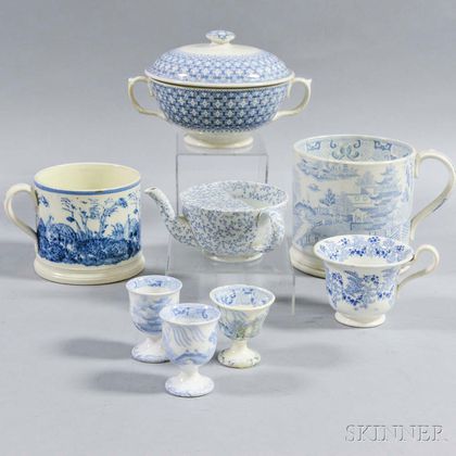 Eight Blue Transfer-decorated Vessels