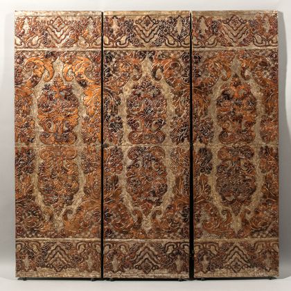Continental Four-panel Tooled Leather Floor Screen