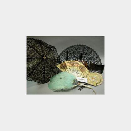 Collection of Twenty-five Fans, a Black Lace and Carved Ivory Parasol and a Tortoiseshell Hair Comb