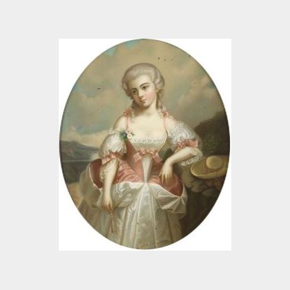 Continental School, 18th/19th Century Portrait of an Elegant Lady Holding a Fan and Standing in a Landscape.