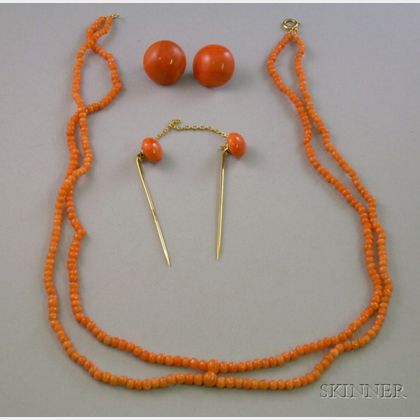 Pair of 14kt Gold Coral Button Earclips, a 14kt Gold and Coral Double Stickpin, and a Double-Strand Coral Bead Necklace