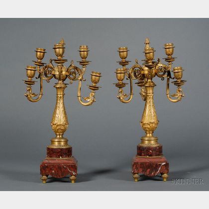 Pair of Louis XVI Style Bronze and Rouge Marble Six-light Candelabra