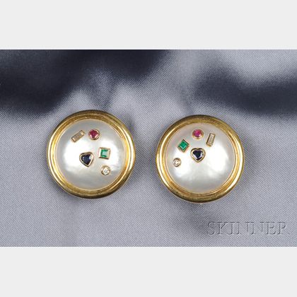 18kt Gold Mabe Pearl and Gem-set Earclips