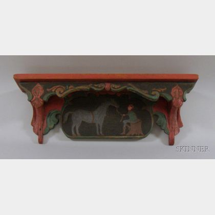 Folk Carved and Polychrome Painted Figural Decorated Wooden Wall Shelf