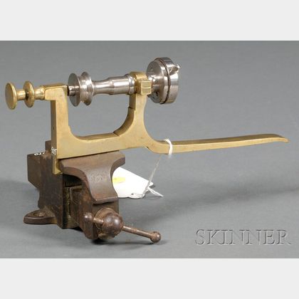 Small Iron Bench Vice and a Brass and Steel Broaching Lathe