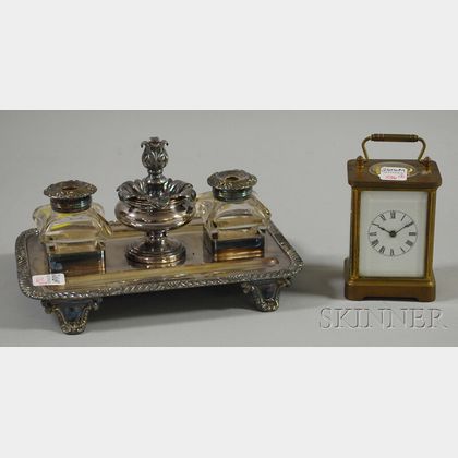 Waterbury Clock Co. Brass Carriage Clock and a Silver-plated Inkstand
