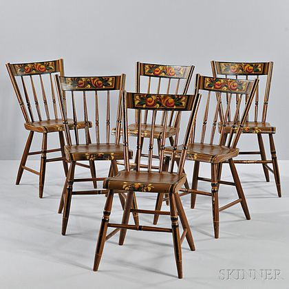 Set of Six Paint-decorated Tablet-back Side Chairs