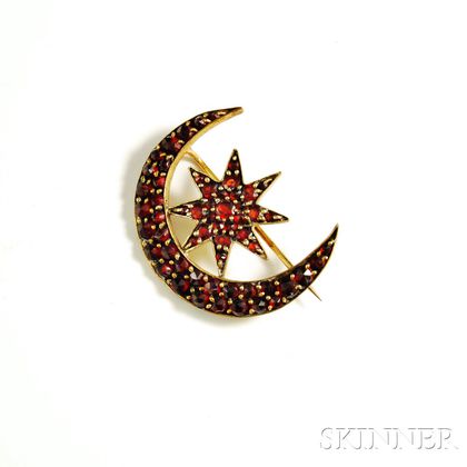9kt Gold and Garnet Crescent and Star Brooch