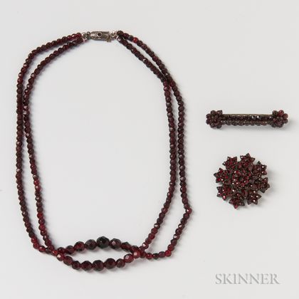 Double-strand Garnet Necklace and Two Garnet Brooches
