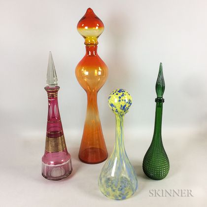 Four Large Continental Colored Glass Bottles