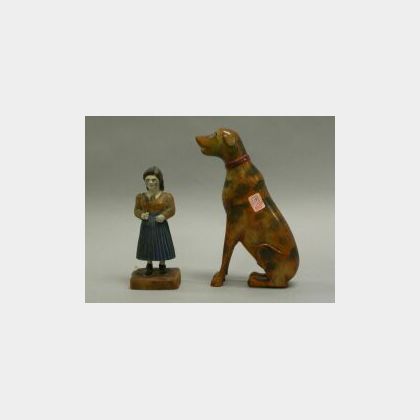 Polychrome Painted and Carved Wooden Figures of a Woman and a Dog. 