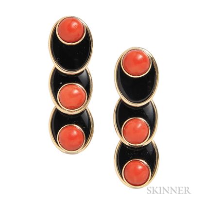 14kt Gold, Coral, and Black Onyx Earrings