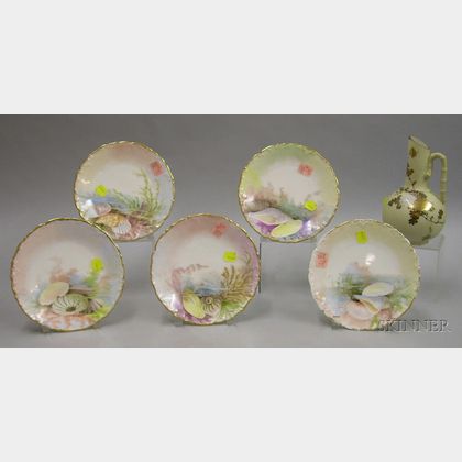 Set of Five Limoges Hand-painted Sea Life Decorated Porcelain Plates and a Japanese Enamel Floral Decorated Porcelain Ewer