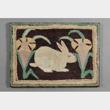 Cotton and Wool Figural Hooked Rug with a White Rabbit and Flowers