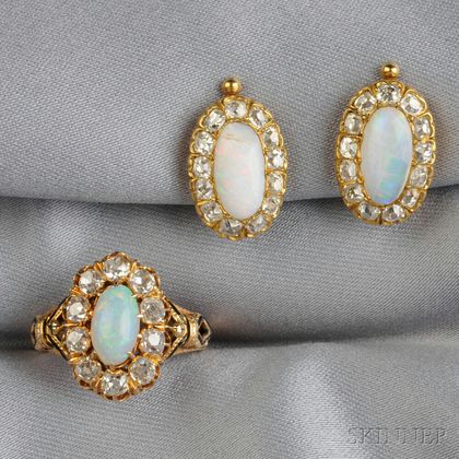 Opal and Diamond Earclips and Ring