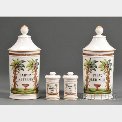 Four Hand-painted and Gilt Porcelain Covered Apothecary Jars