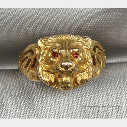 Art Nouveau 14kt Gold and Ruby Lion's Head Poison Ring
