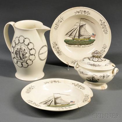 Four Transfer-decorated Creamware Items with Sloop Aurora of Newport 