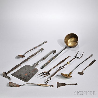 Ten Bright Polished Wrought Iron Hearth Utensils