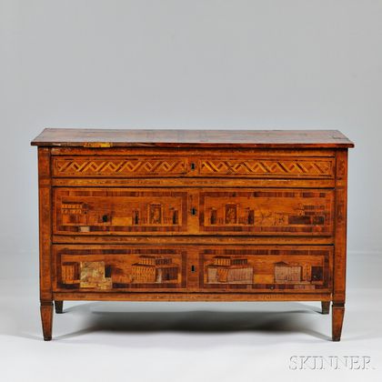 Italian Neoclassical Fruitwood and Olivewood Marquetry Commode