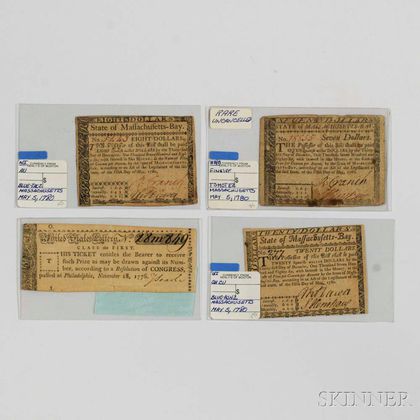 Three Massachusetts Bay Notes and a Continental Congress United States Lottery Ticket