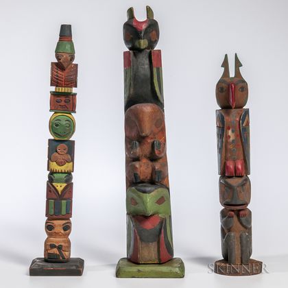 Three Northwest Coast Polychrome Model Totem Poles