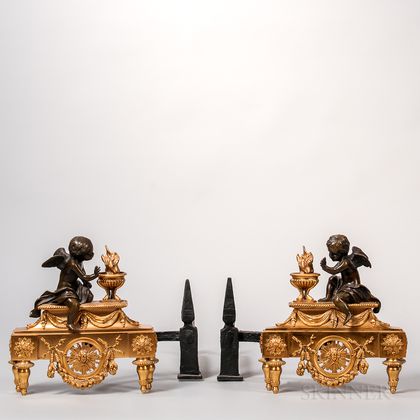 Pair of Louis XV-style Patinated- and Gilt-bronze Chenets