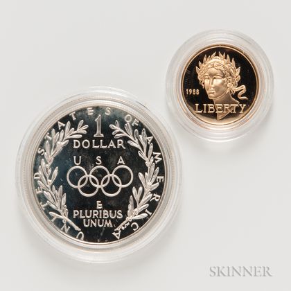 1988-S Olympic Commemorative Proof $5 Gold Coin and a 1988-S Proof $1. Estimate $200-300