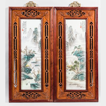 Pair of Enameled Porcelain Plaques in Carved Openwork Frames