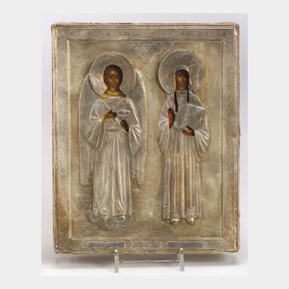 Russian Icon of Male and Female Saints with Silver Riza