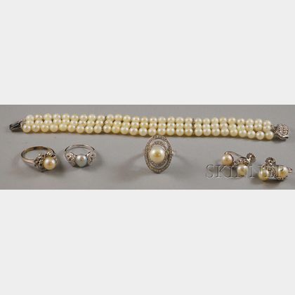 Five 14kt White Gold and Cultured Pearl Jewelry Items