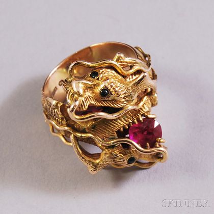 Heavy 14kt Gold Gem-set Dragon Ring
