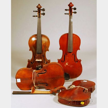 Four Restorable German Violins, c. 1920. 