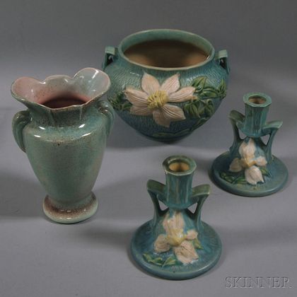 Roseville Pottery Clematis Pattern Jardiniere, Pair of Candlesticks, and a Gonder Pottery Vase