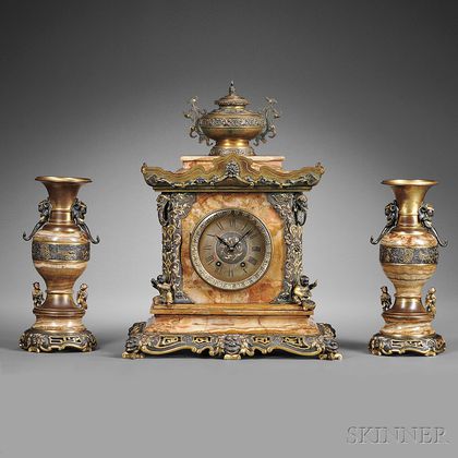 French Bronze and Marble Oriental Clock Garniture Set