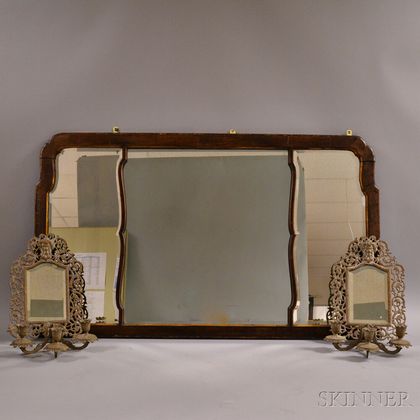 Pair of Mirrored Brass Sconces and a Queen Anne-style Overmantel Mirror. Estimate $60-80