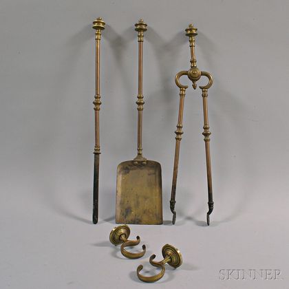 Set of Three Turned Brass Fireplace Tools and a Pair of Jamb Hooks. Estimate $20-200