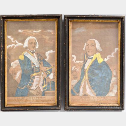 Pair of Framed L. Evans Hand-colored Engravings of Lord Vicount [sic] Duncan and Admiral de Winter