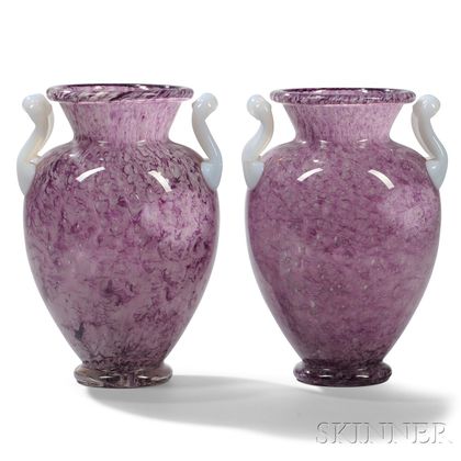 Pair of Steuben Rose Clutha Glass Vases Attributed to Frederick Carder 