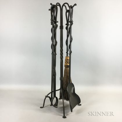 Four Wrought Iron Fireplace Tools and a Stand