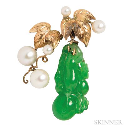 14kt Gold, Jade, and Cultured Pearl Pendant