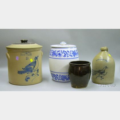 Three Pieces of Decorated and Glazed Stoneware and a Large German Blue and White Floral Decorated Jar with Cover