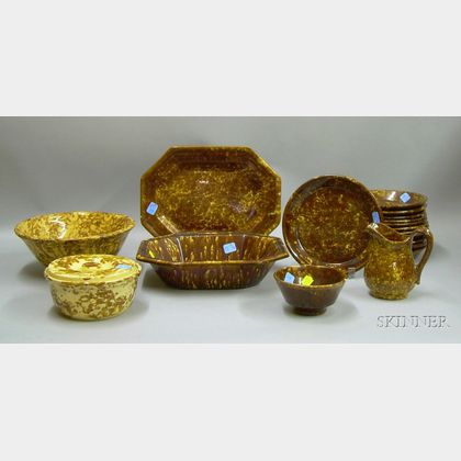Sixteen Pieces of Rockingham and Bennington Glazed Tableware and Two Pieces of Spongeware
