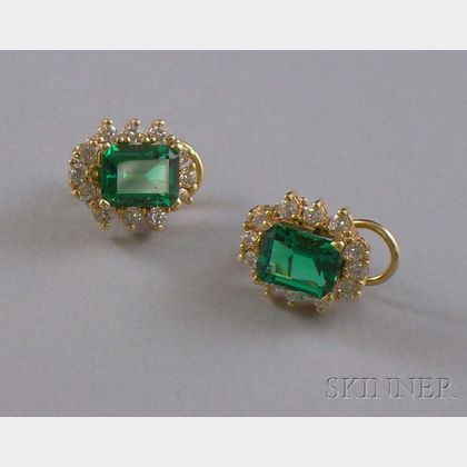 14kt Gold, Synthetic Emerald, and Diamond Earclips. 