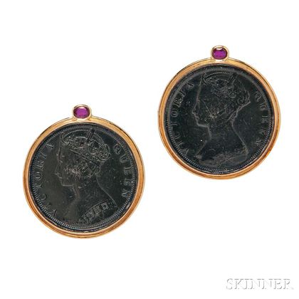 18kt Gold and Victorian Hong Kong One Cent Coin Earrings, Ming's