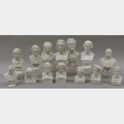 Fourteen Small Parian Historical and Character Busts