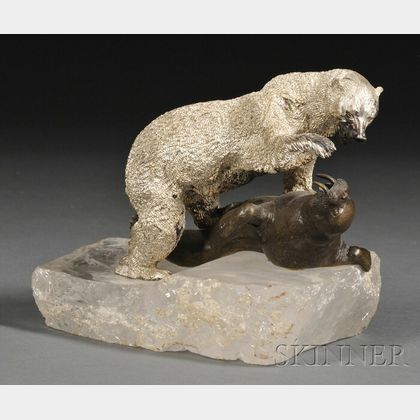 Silvered and Patinated Bronze and Rock Crystal Figure of a Polar Bear and Walrus