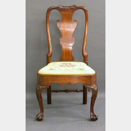 Chippendale-style Carved Mahogany Side Chair with Needlepoint Upholstered Slip Seat. 