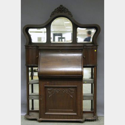 Late Victorian Carved Mahogany and Mahogany Veneer Mirrored Writing Desk/Bookcase