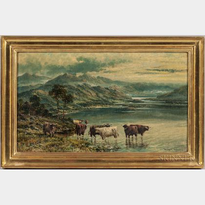William Langley (British, 1852-1922) Highland Cattle Watering